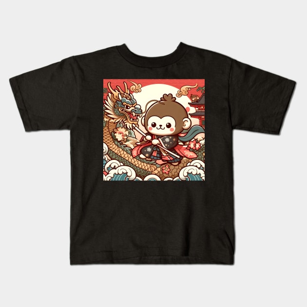 Monkey and Dragon Friendship during Edo Sunset Pagoda wave Classic Japanese Kids T-Shirt by Pokoyo.mans@gmail.com